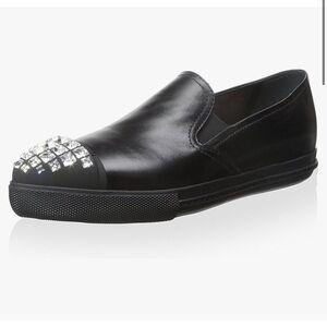 Miu Miu Crystal Embellished Slip-On Leather Flats in Black, size Women’s 38.5